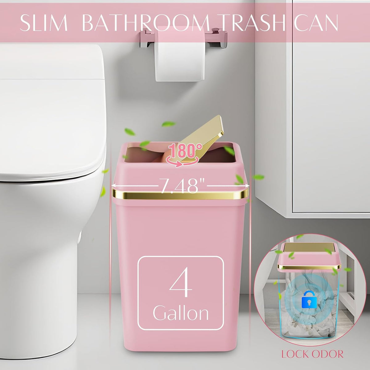 Pink Bathroom Set, 9-Piece Accessories with 4-Gallon Swing-Top Trash Can
