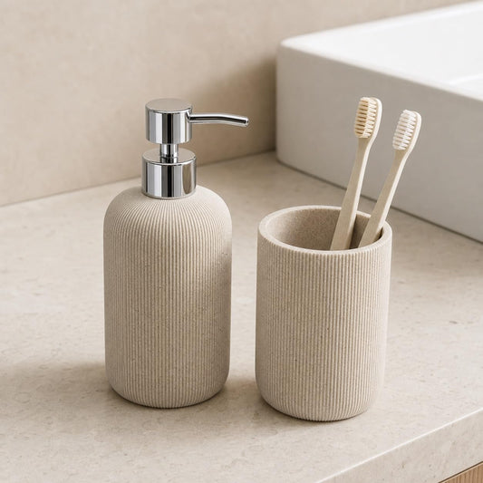 2 Piece Sandstone Resin Bathroom Accessories Set, Ribbed Soap Dispenser and Toothbrush Holder, Cream Beige Speckled Vanity Countertop Set with Chrome Pump for Bathroom