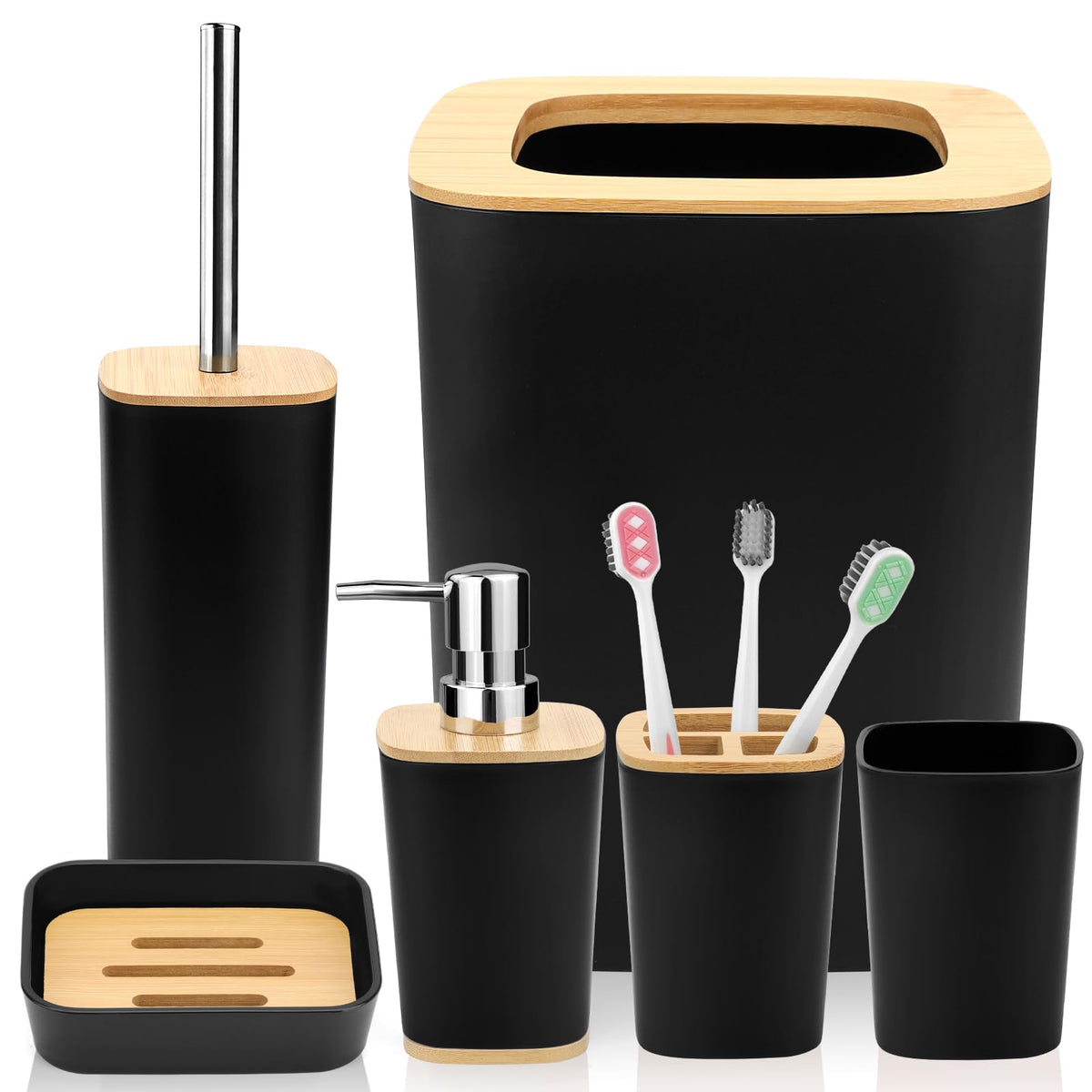 Bathroom Accessory Set, Shower Curtain Set, Toilet Brush, Trash Can & Soap Dispenser (Black Gold, Plastic)