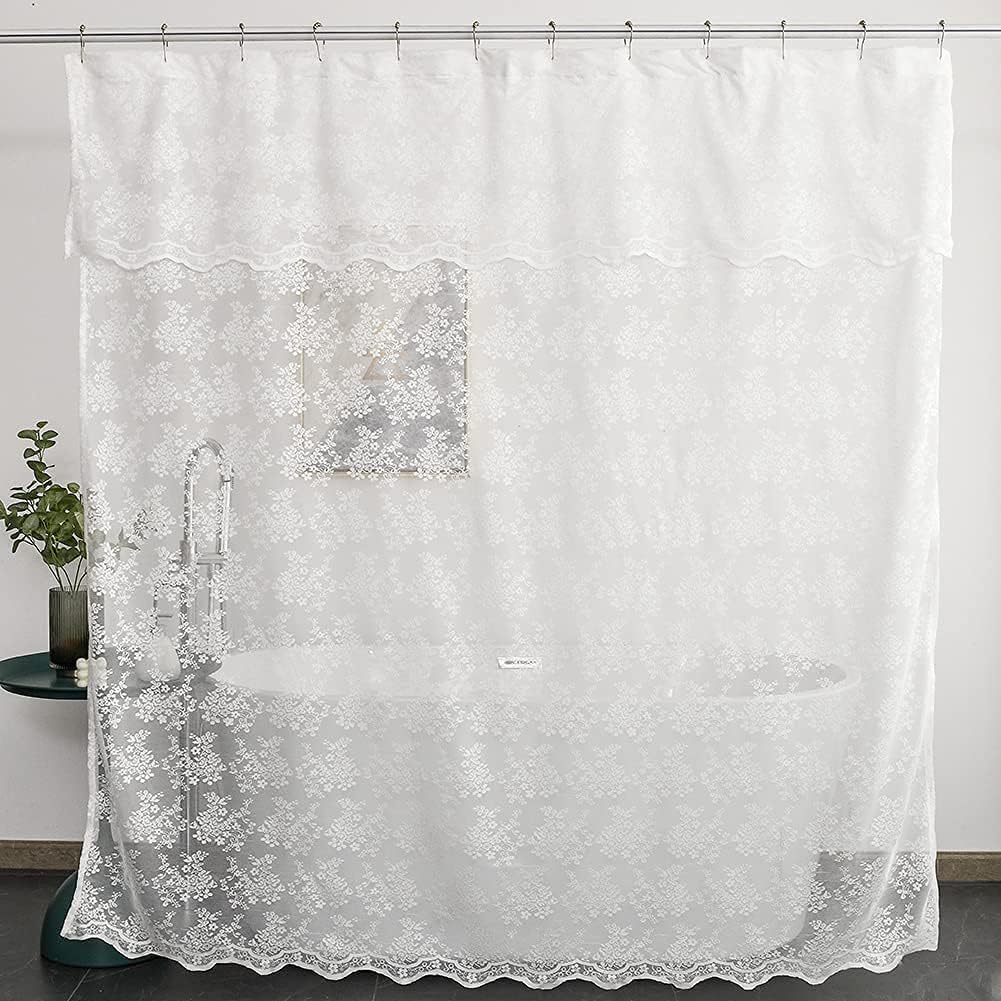 Ivory Lace Shower Curtain 72x72, Vintage Shabby Chic with Attached Valance