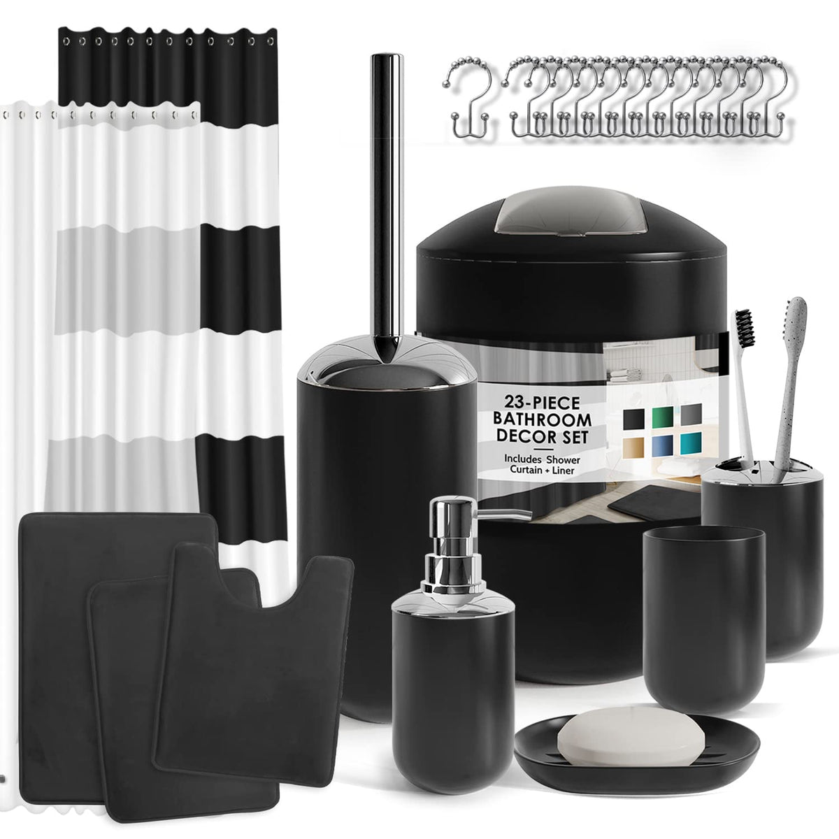 Clara Clark Bathroom Set - Navy Bathroom Accessories Set, 20PC Bathroom Accessory Set, Shower Curtain Set with Liner, Toothbrush Holder, Soap Dispenser, Soap Dish, Toilet Brush Holder, and Trash Can