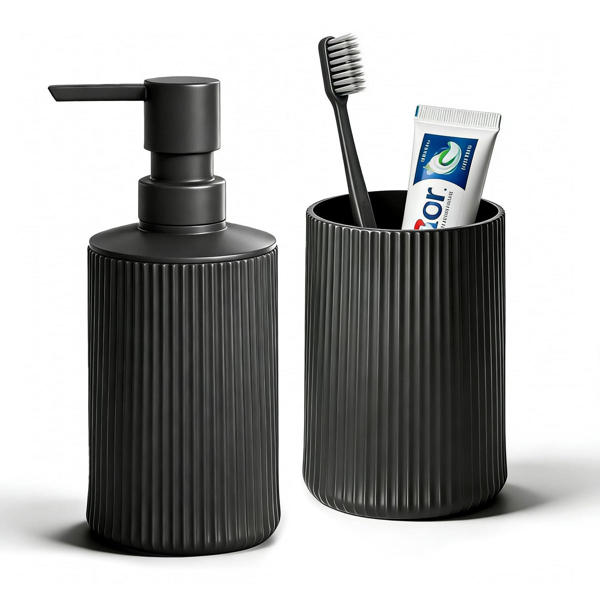 Black Bathroom Accessories Set, 10Pcs Bathroom Accessory Sets Complete with Trash Can, Shower Curtain, Vanity Tray, Soap Dispenser, Soap Dish, Toothbrush Holder&Cup, Toilet Brush&Holder, Qtip Holder