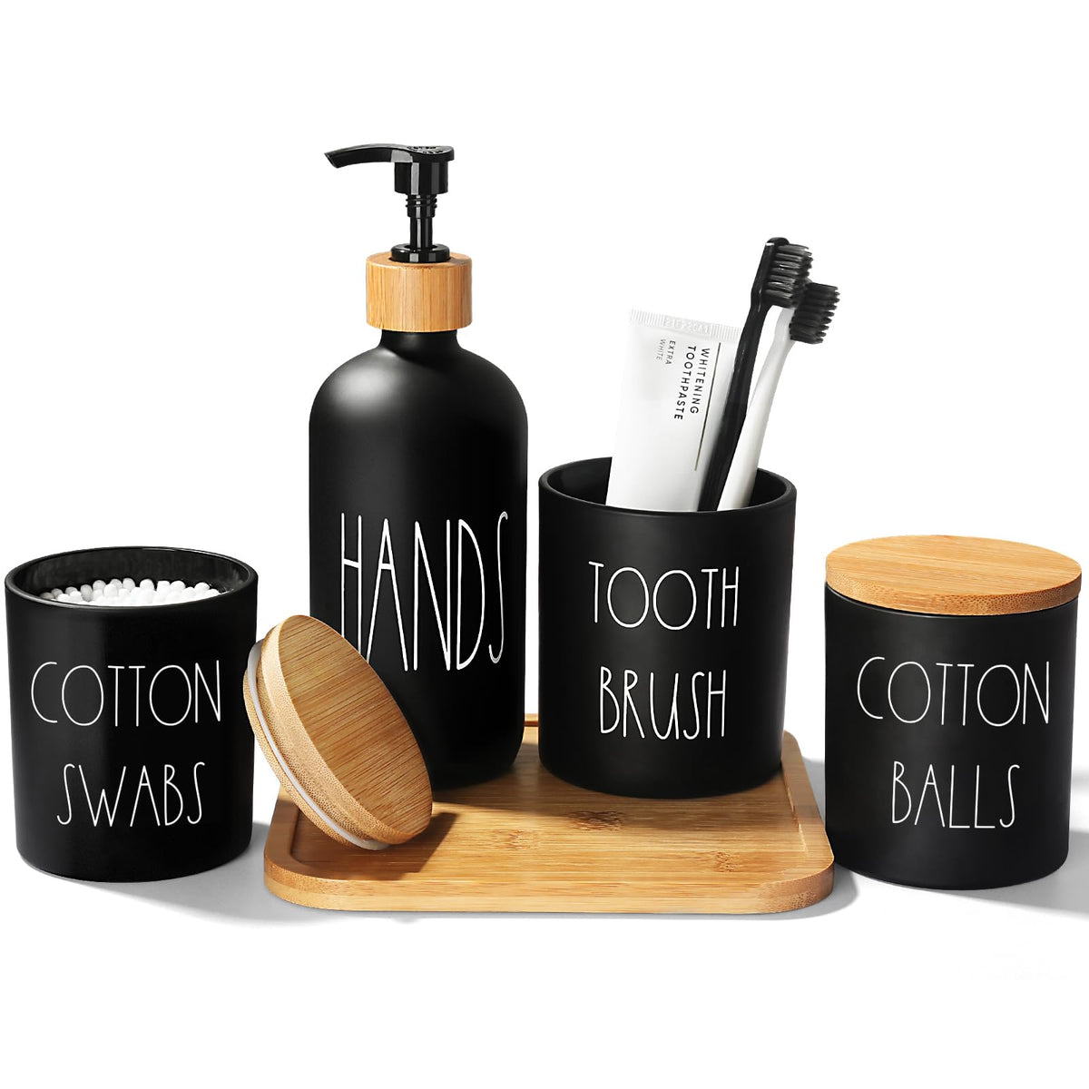 Matte Black Bathroom Accessories Set, 5 Pcs Glass Bathroom Accessory Set with Bamboo Tray, Soap Dispenser and Toothbrush Holder Set, Qtip Holder Set, Farmhouse Boho Bathroom Set Complete