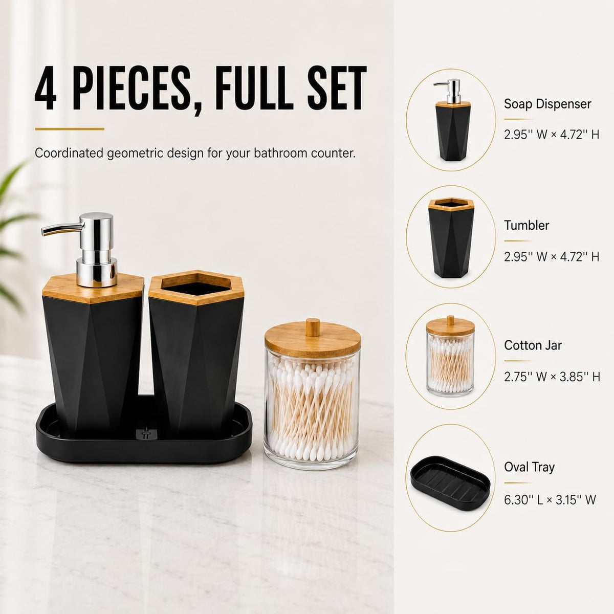 LGURT 4pc Black Bathroom Accessories Set, Soap Dispenser with Bamboo Lid