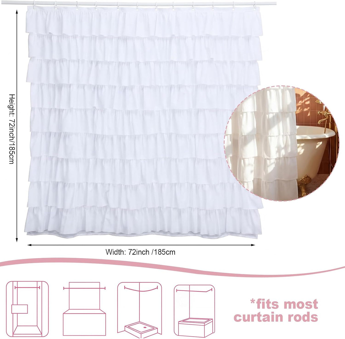 Hahafelt White Dorm Ruffle Shower Curtain 72 x 72 Inches, Ruffle