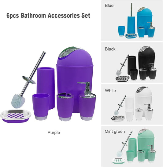Bathroom Accessories Set, 6-Piece Plastic Gift Set, Toothbrush Holder, Toothbrush Cup, Soap Dispenser, Soap Dish, Toilet Brush Holder, Trash Can (Purple)