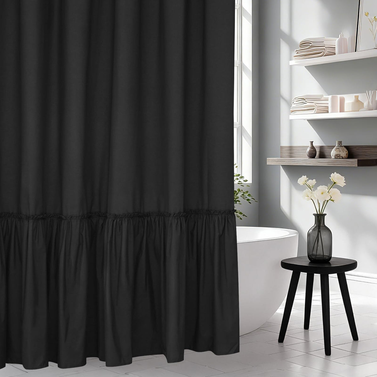 Seenus White Ruffle Shower Curtain with Waterproof TPU Backed Lightweight