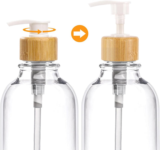 Bamboo Bathroom Accessories Set 4 Pcs - Clear Toothbrush Holder Plastic Soap Dispenser and 2 Qtip Holder Cotton Swab/Pad/Ball Container Jar