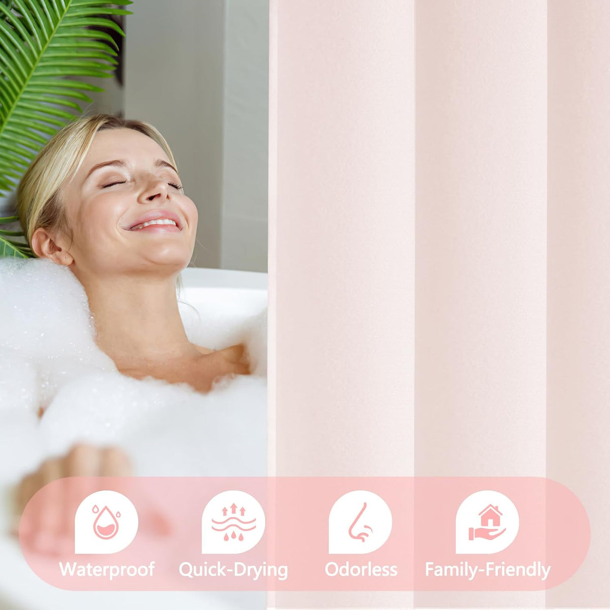Seenus Baby Pink Ruffle Shower Curtain with Waterproof TPU Backed, Soft Microfiber Lovely French Ruched Shower Curtain, 72 x 72 Inch Bathroom 2 in 1 Washable Fabric Shower Curtain with TPU Lining