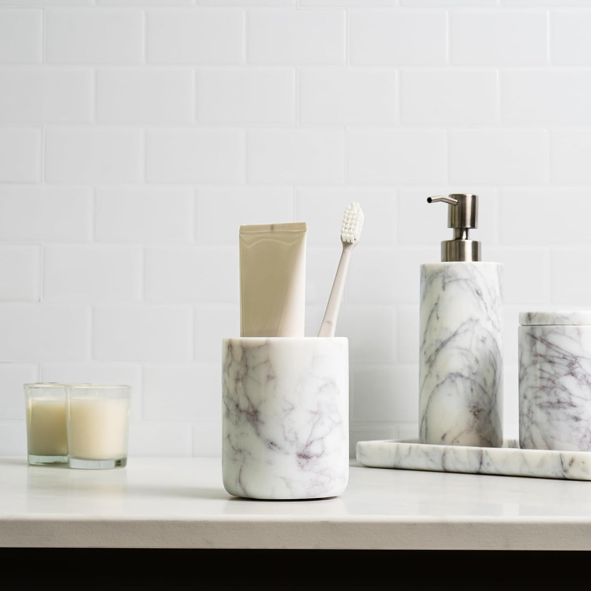 Cork & Mill Marble Bathroom Accessories Set, White Vanity Decor