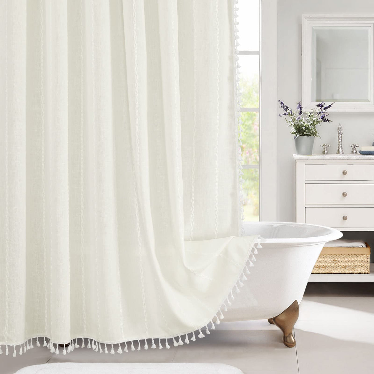 Boho Farmhouse Tassel Linen Shower Curtain,3D Embroidery Stripe Blue,72x72