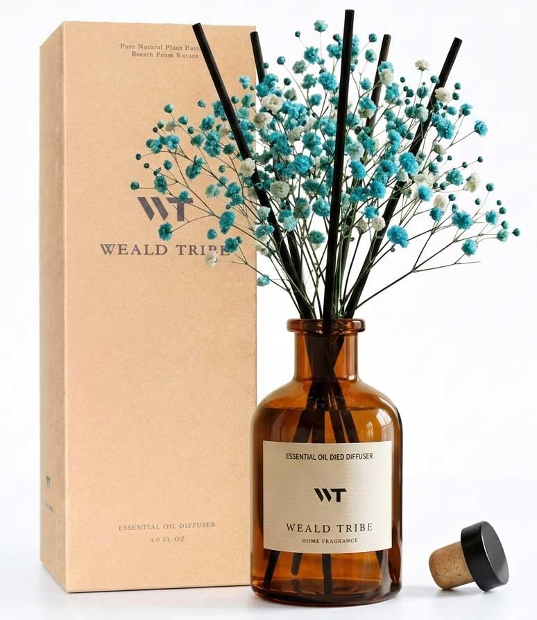 WEALD TRIBE Flower Reed Diffuser Set Clean White Linen Scent for Bathroom Air Fresheners | 4.0 fl oz Fragrance Oils with Sticks Home Fragrance Defusers | House Bedroom Office Shelf Decor & Gift