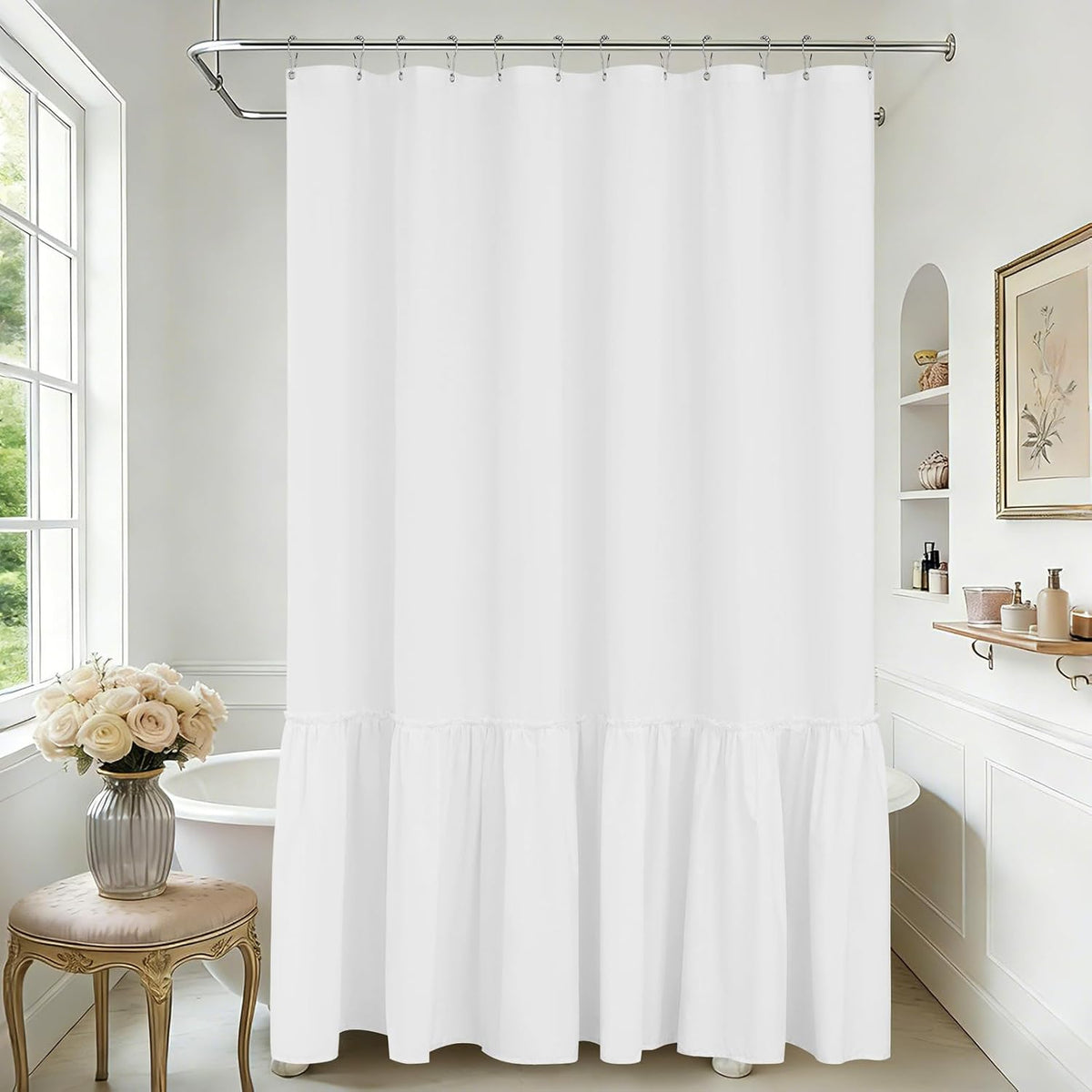 Seenus White Ruffle Shower Curtain with Waterproof TPU Backed Lightweight