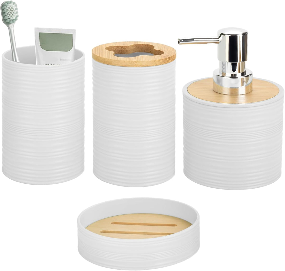 RRM 4 Piece Bamboo Bathroom Accessories Set, Boho Bathroom Decor, White