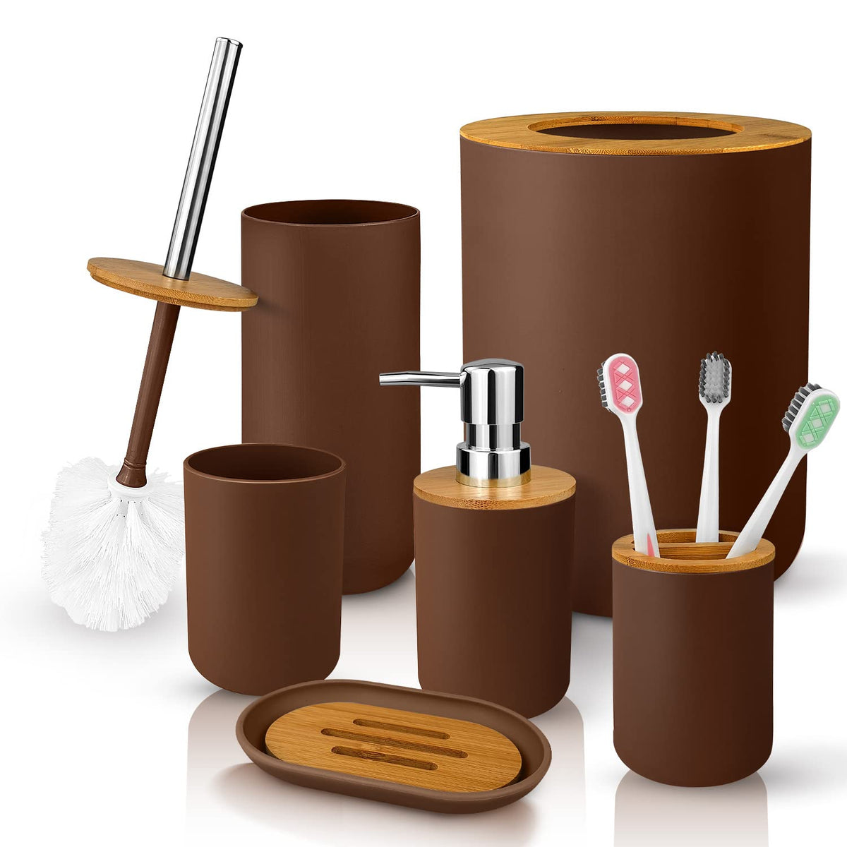 Bathroom Accessory Set, Shower Curtain Set, Toilet Brush, Trash Can & Soap Dispenser (Black Gold, Plastic)