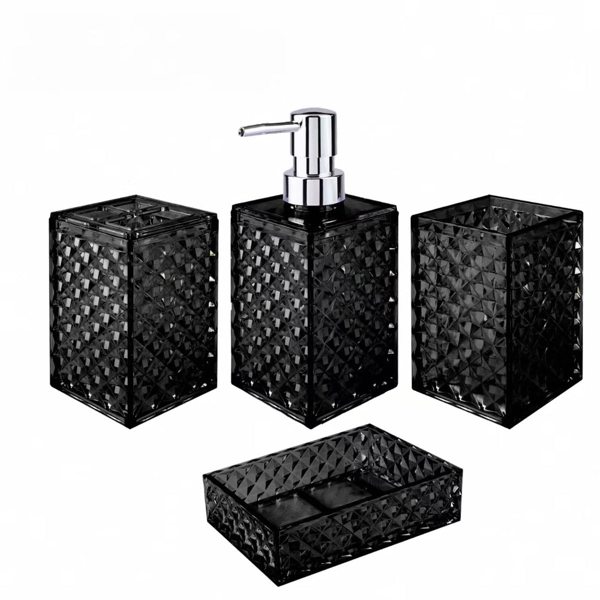 Bathroom Accessory Set, Grid Pattern 4 Pcs Plastic Bathroom Set, Pink