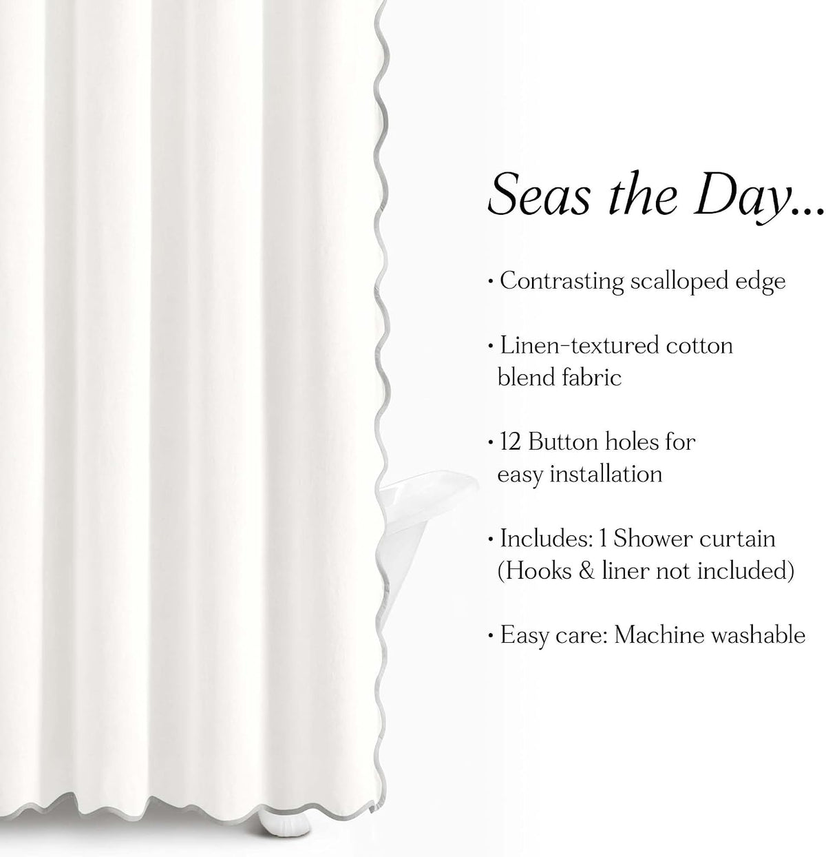 Lush Decor Coastal Chic Scallop Edge Linen-Textured Shower Curtain, Single 72" W x 72" L, Gray & White - Scalloped Shower Curtains - Coastal Bathroom Curtain
