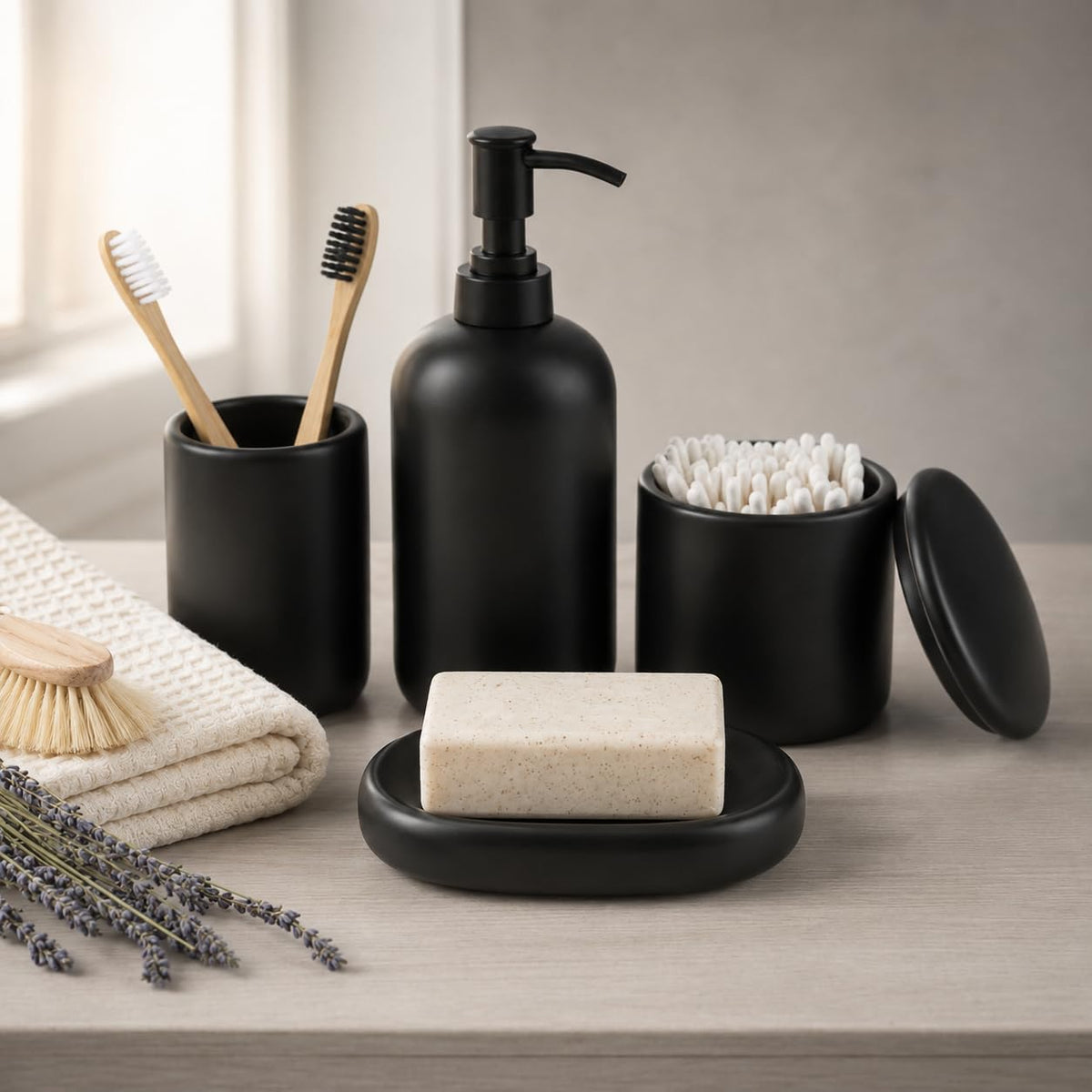 Ava Nord Modern Minimalist Ceramic Bathroom Accessories | Set of 4 | Cream