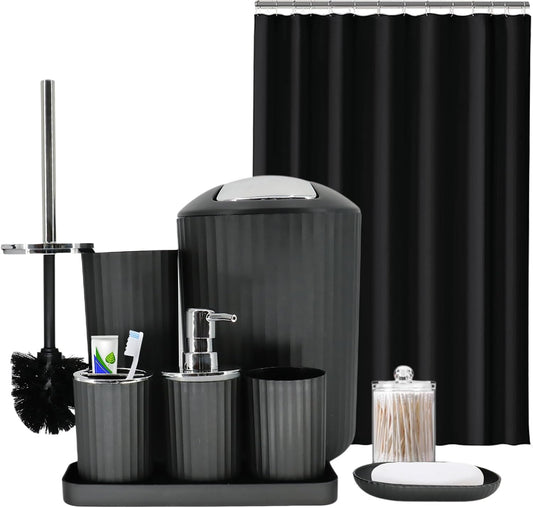 Black Bathroom Accessories Set, 10Pcs Bathroom Accessory Sets Complete with Trash Can, Shower Curtain, Vanity Tray, Soap Dispenser, Soap Dish, Toothbrush Holder&Cup, Toilet Brush&Holder, Qtip Holder