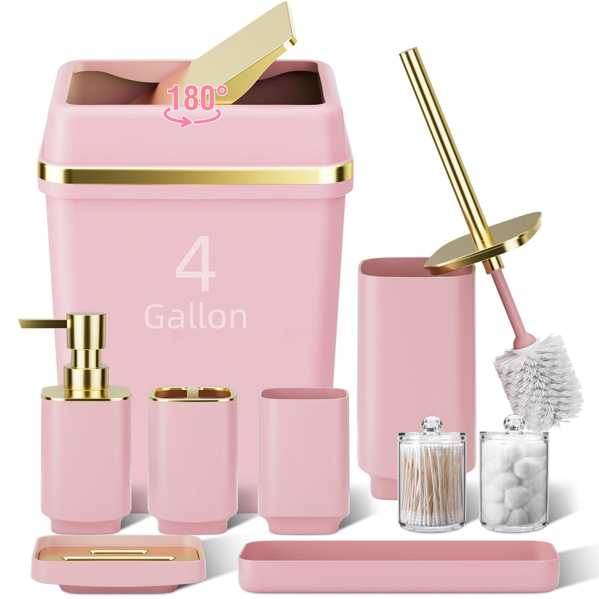 Pink Bathroom Set, 9-Piece Accessories with 4-Gallon Swing-Top Trash Can