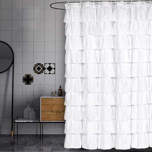 Volens White Shower Curtain Fabric Ruffle for Bathroom,72in Long