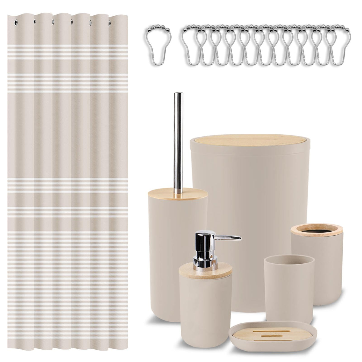 Britimes 7 Pack Bathroom Accessories Set, Shower Curtain Set, Black Striped