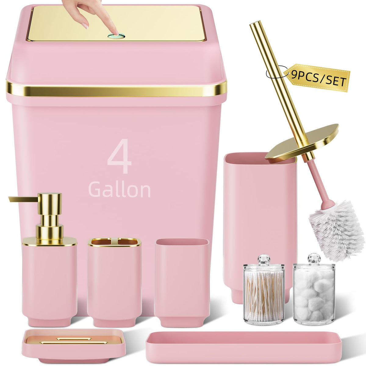Pink Bathroom Set, 9-Piece Accessories with 4-Gallon Swing-Top Trash Can