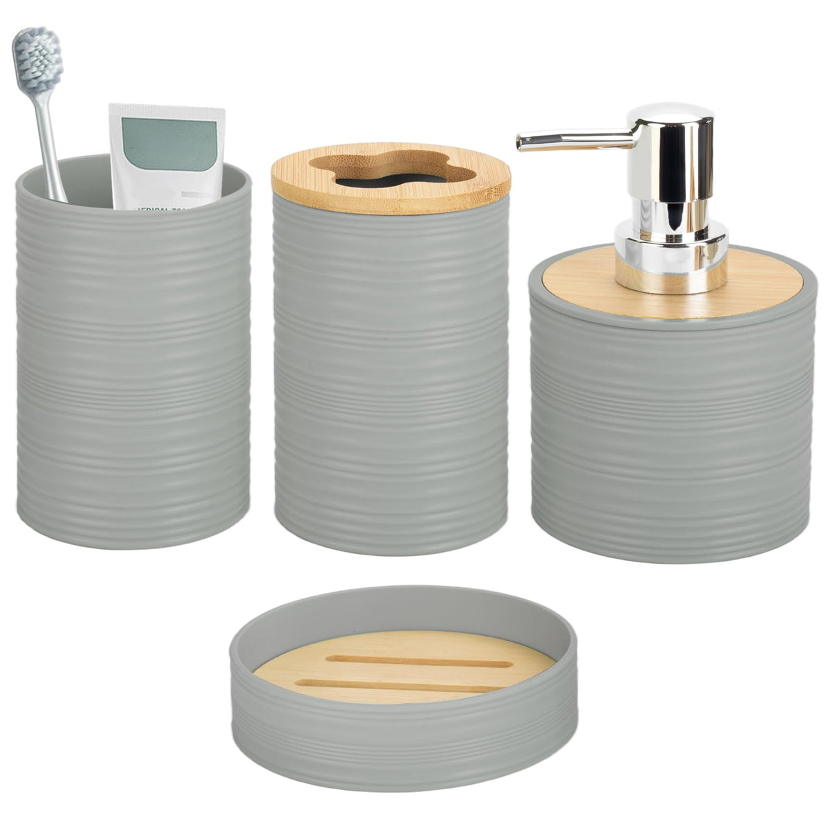 RRM 4 Piece Bamboo Bathroom Accessories Set, Boho Bathroom Decor, White