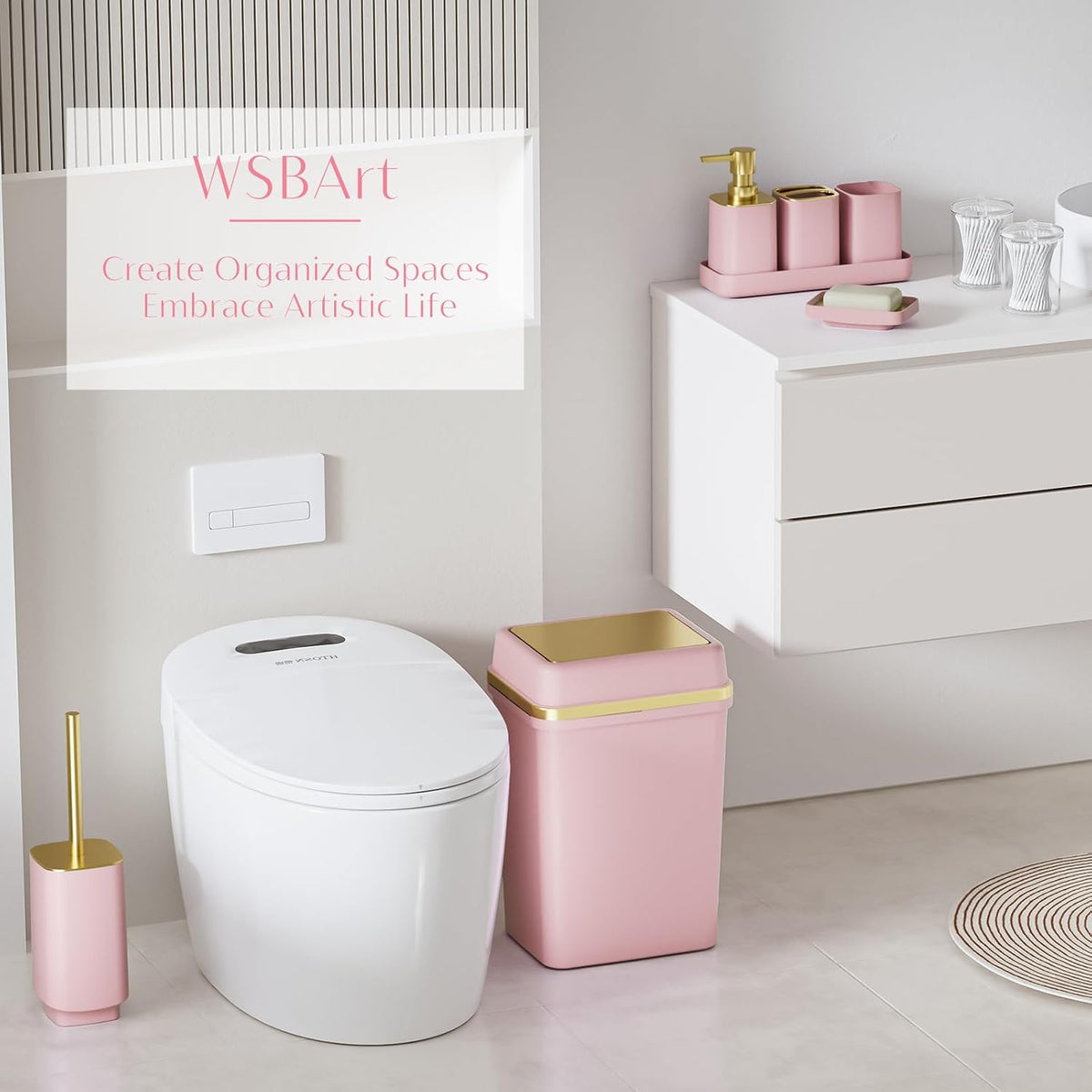 Pink Bathroom Set, 9-Piece Accessories with 4-Gallon Swing-Top Trash Can