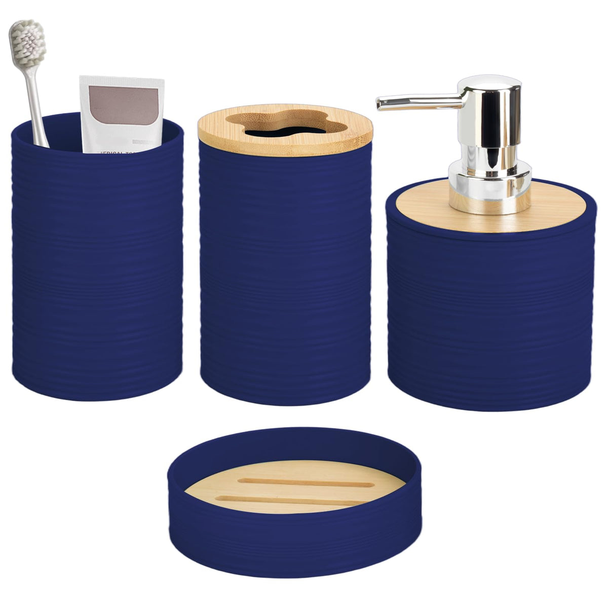RRM 4 Piece Bamboo Bathroom Accessories Set, Boho Bathroom Decor, White