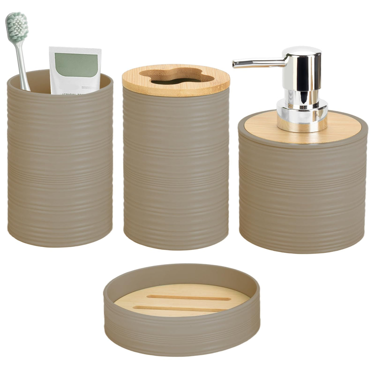 RRM 4 Piece Bamboo Bathroom Accessories Set, Boho Bathroom Decor, White