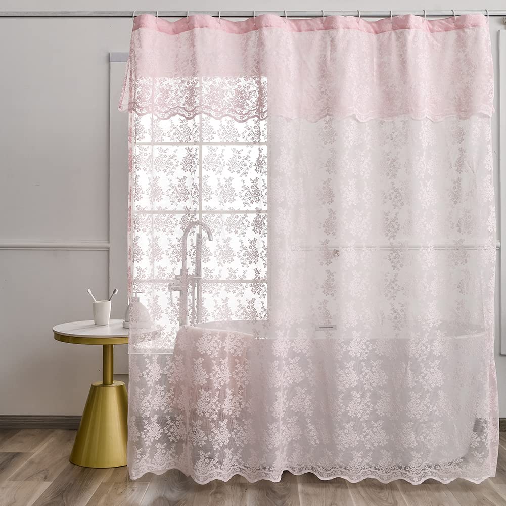 Ivory Lace Shower Curtain 72x72, Vintage Shabby Chic with Attached Valance
