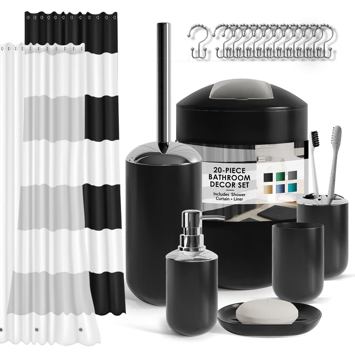 Clara Clark Bathroom Set - Navy Bathroom Accessories Set, 20PC Bathroom Accessory Set, Shower Curtain Set with Liner, Toothbrush Holder, Soap Dispenser, Soap Dish, Toilet Brush Holder, and Trash Can
