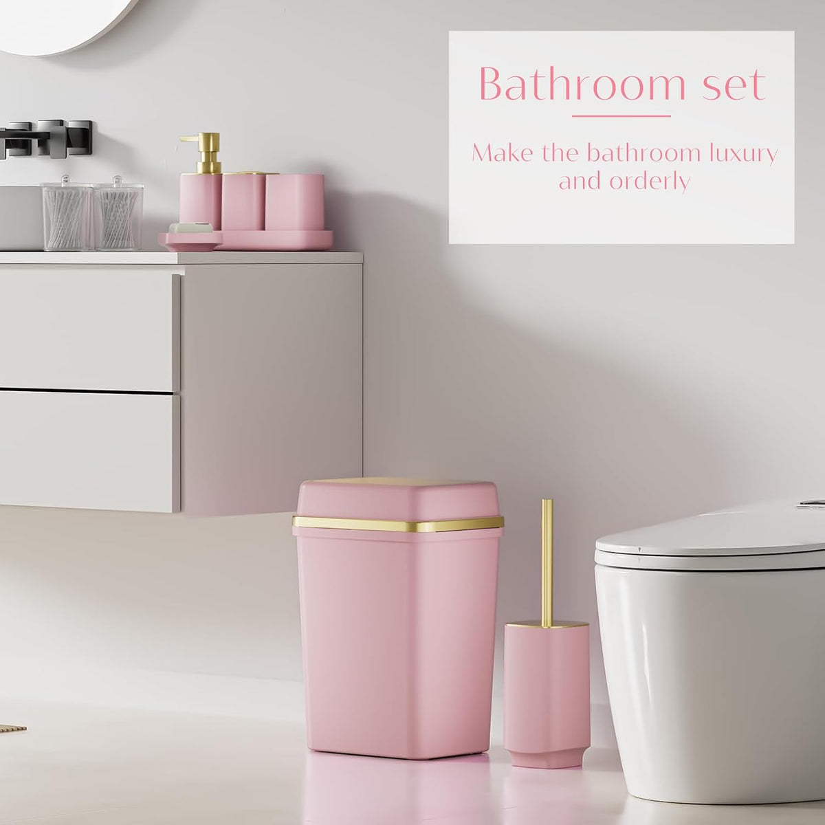 Pink Bathroom Set, 9-Piece Accessories with 4-Gallon Swing-Top Trash Can