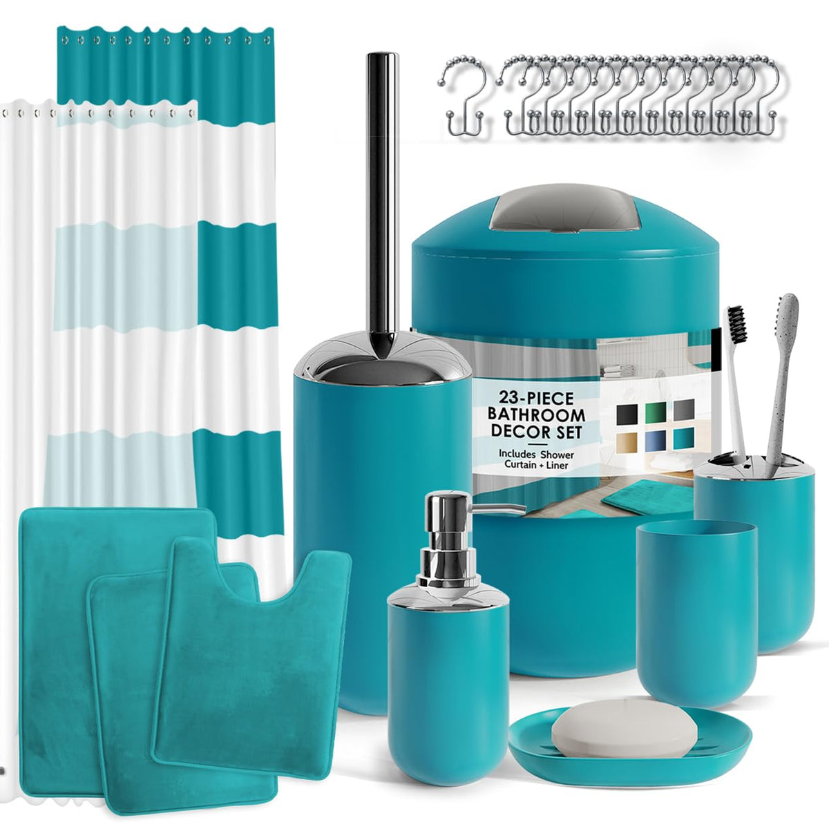 Clara Clark Bathroom Set - Navy Bathroom Accessories Set, 20PC Bathroom Accessory Set, Shower Curtain Set with Liner, Toothbrush Holder, Soap Dispenser, Soap Dish, Toilet Brush Holder, and Trash Can