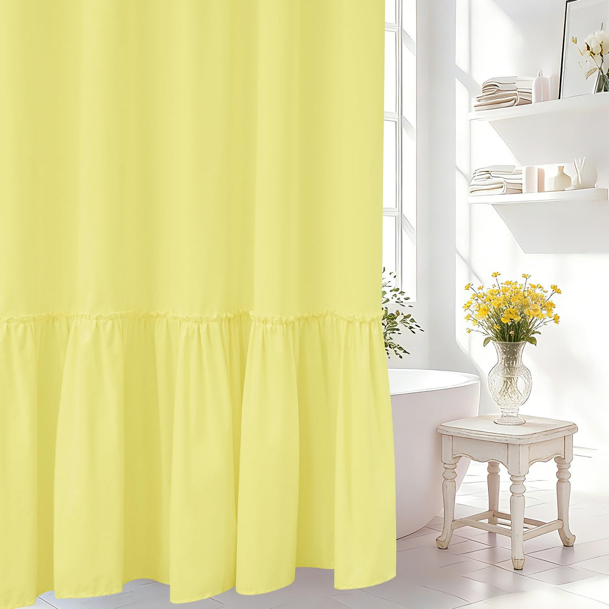 Seenus White Ruffle Shower Curtain with Waterproof TPU Backed Lightweight