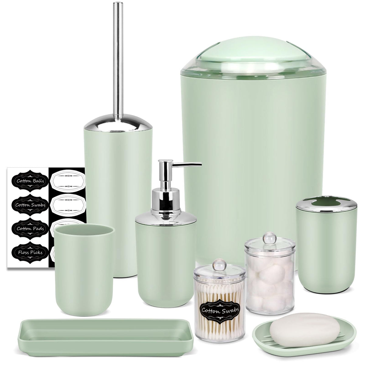 IMAVO Bathroom Accessories Set,Green Bathroom Set,7 Pieces Bathroom Accessory Set,Tray,Toilet Brush,Trash Can for Bathroom Décor and Housewarming Gifts