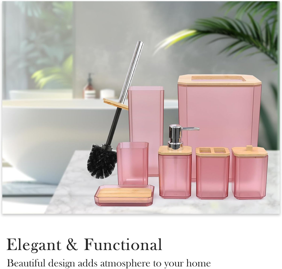 CERBIOR Bamboo Bathroom Accessories Set 7 Piece Bath Ensemble,Pink