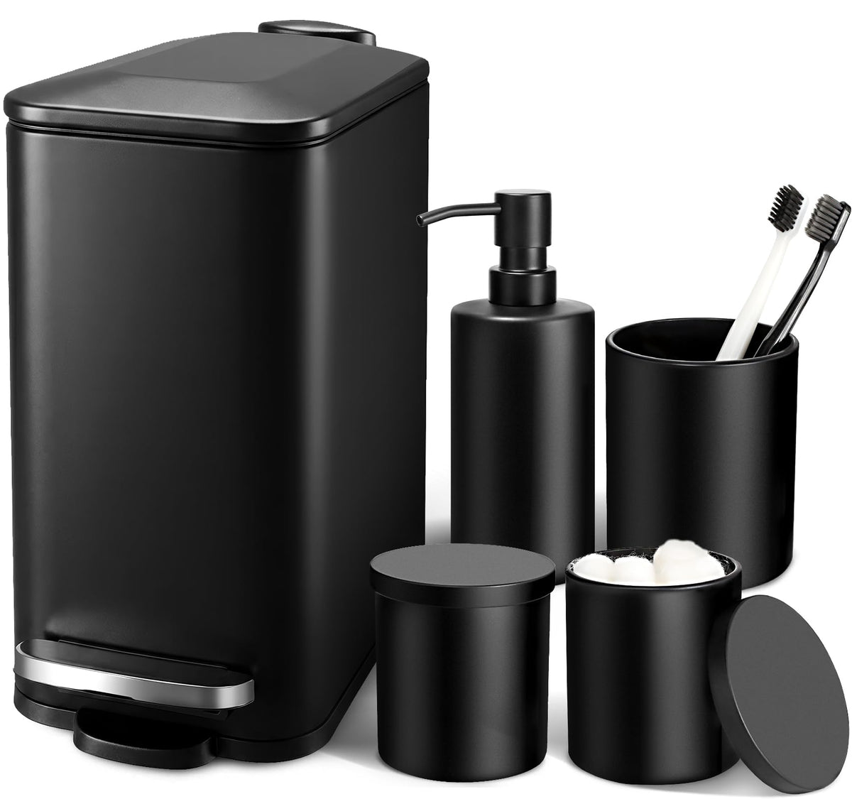 Matte Black Bathroom Accessories Set, 5 Pcs Bathroom Accessories Set, Glass Soap Dispenser and Toothbrush Holder Set, Qtip Holder and Cotton Ball Holder, Modern Bathroom Decor Sets