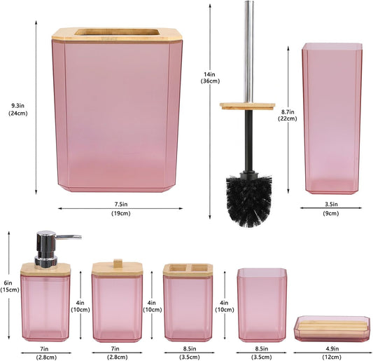 CERBIOR Bamboo Bathroom Accessories Set 7 Piece Bath Ensemble,Pink