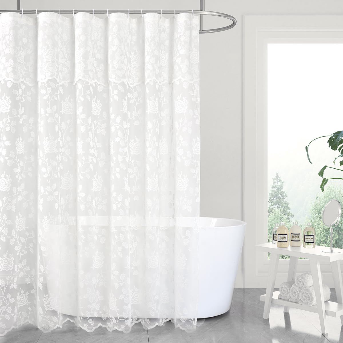 Black Lace Shower Curtain with Attached Valance, 72 x 72 Inch, 1 Panel