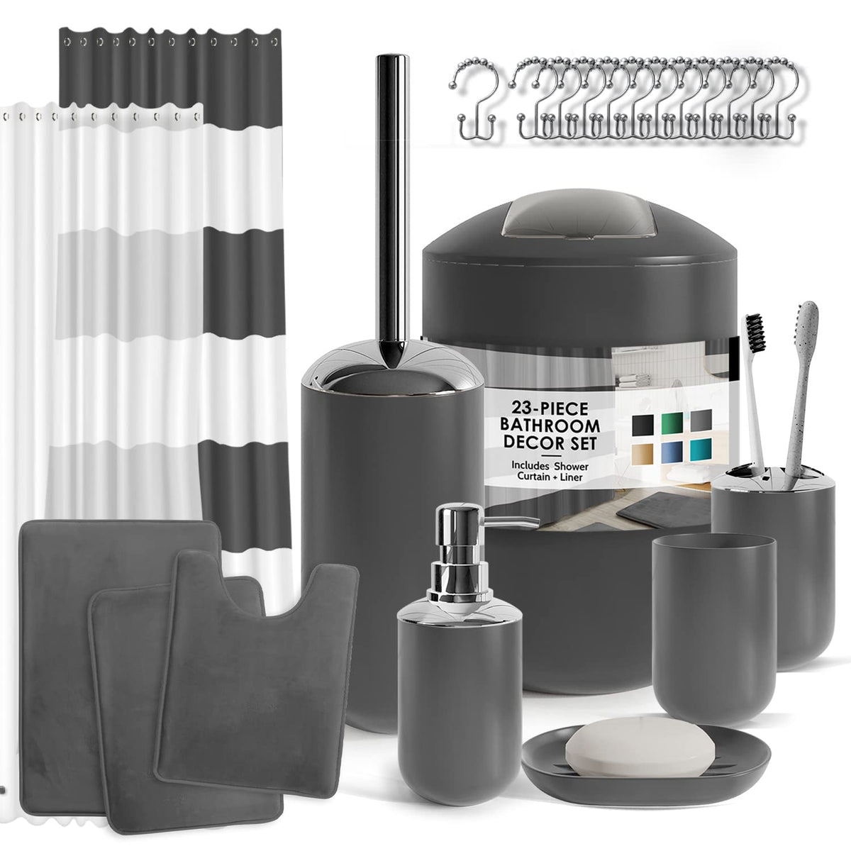 Clara Clark Bathroom Set - Navy Bathroom Accessories Set, 20PC Bathroom Accessory Set, Shower Curtain Set with Liner, Toothbrush Holder, Soap Dispenser, Soap Dish, Toilet Brush Holder, and Trash Can