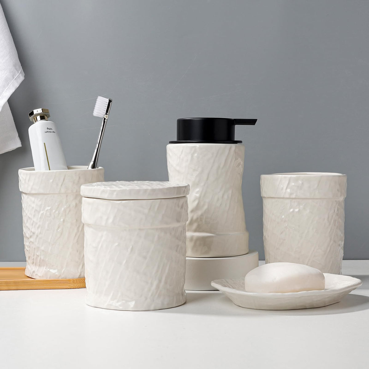 White Bathroom Accessory Set 5PCS, Ceramic Bathroom Accessories Set, Classic Design Bathroom Accessories Sets Complete, Home Apartment Modern Bathroom Decor Vanity Countertop, ANTIS'S HOME