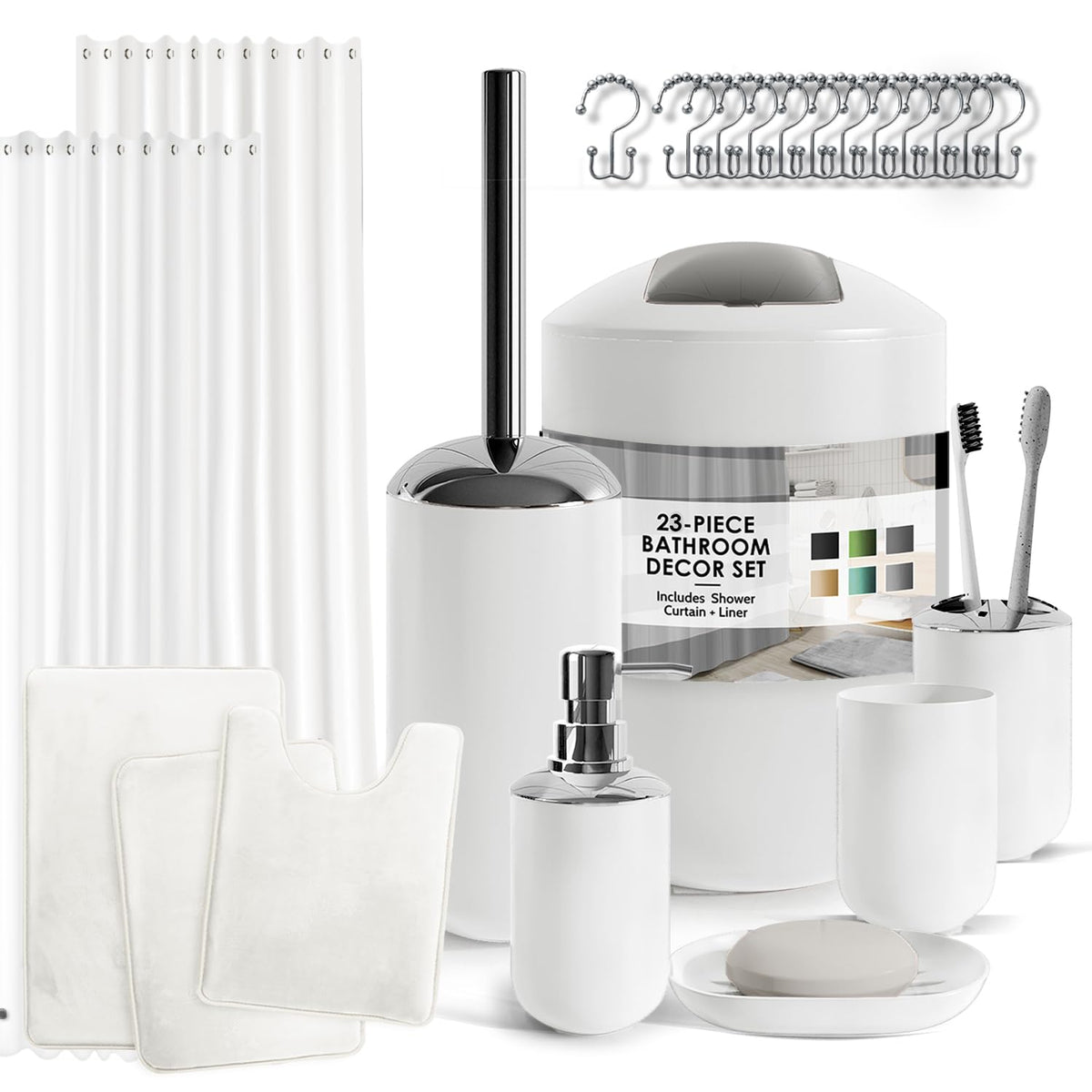 Clara Clark Bathroom Set - Navy Bathroom Accessories Set, 20PC Bathroom Accessory Set, Shower Curtain Set with Liner, Toothbrush Holder, Soap Dispenser, Soap Dish, Toilet Brush Holder, and Trash Can