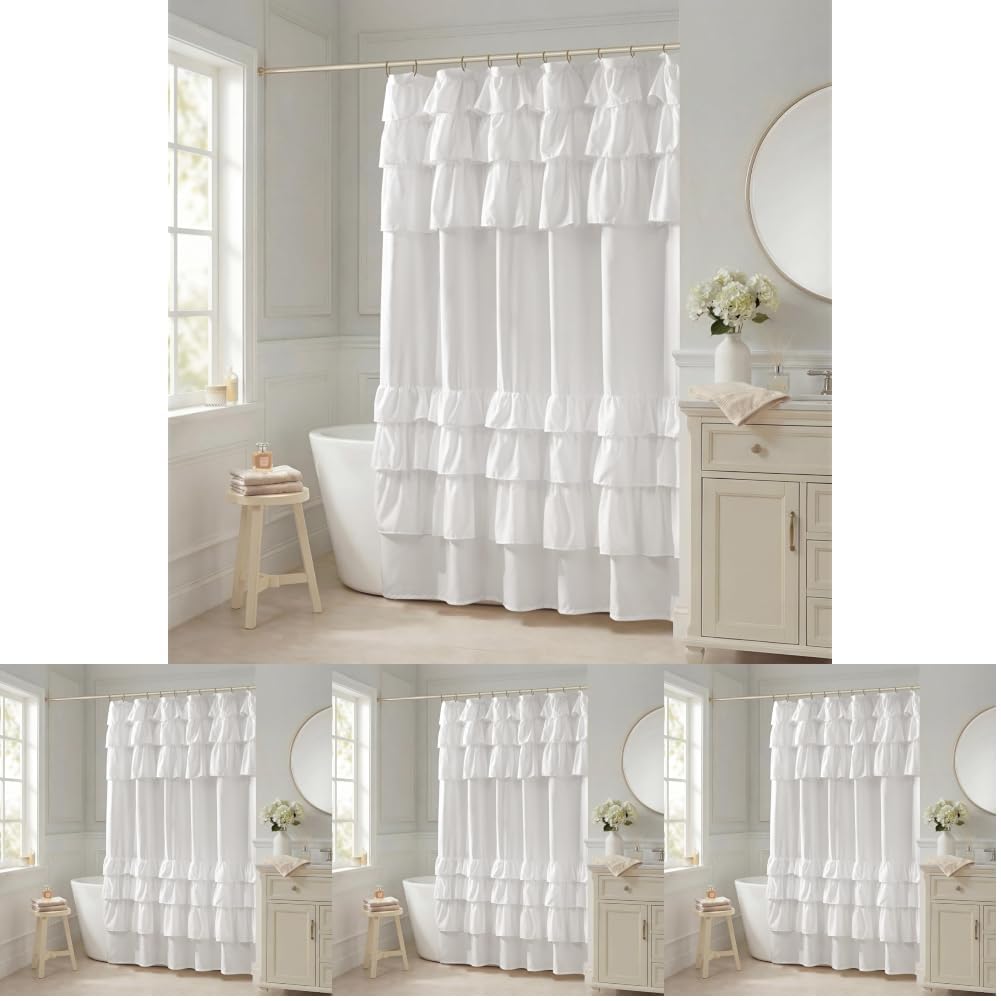 Madison Park Grace Ruffle Shower Curtain for Bathroom, 72"x 72", White