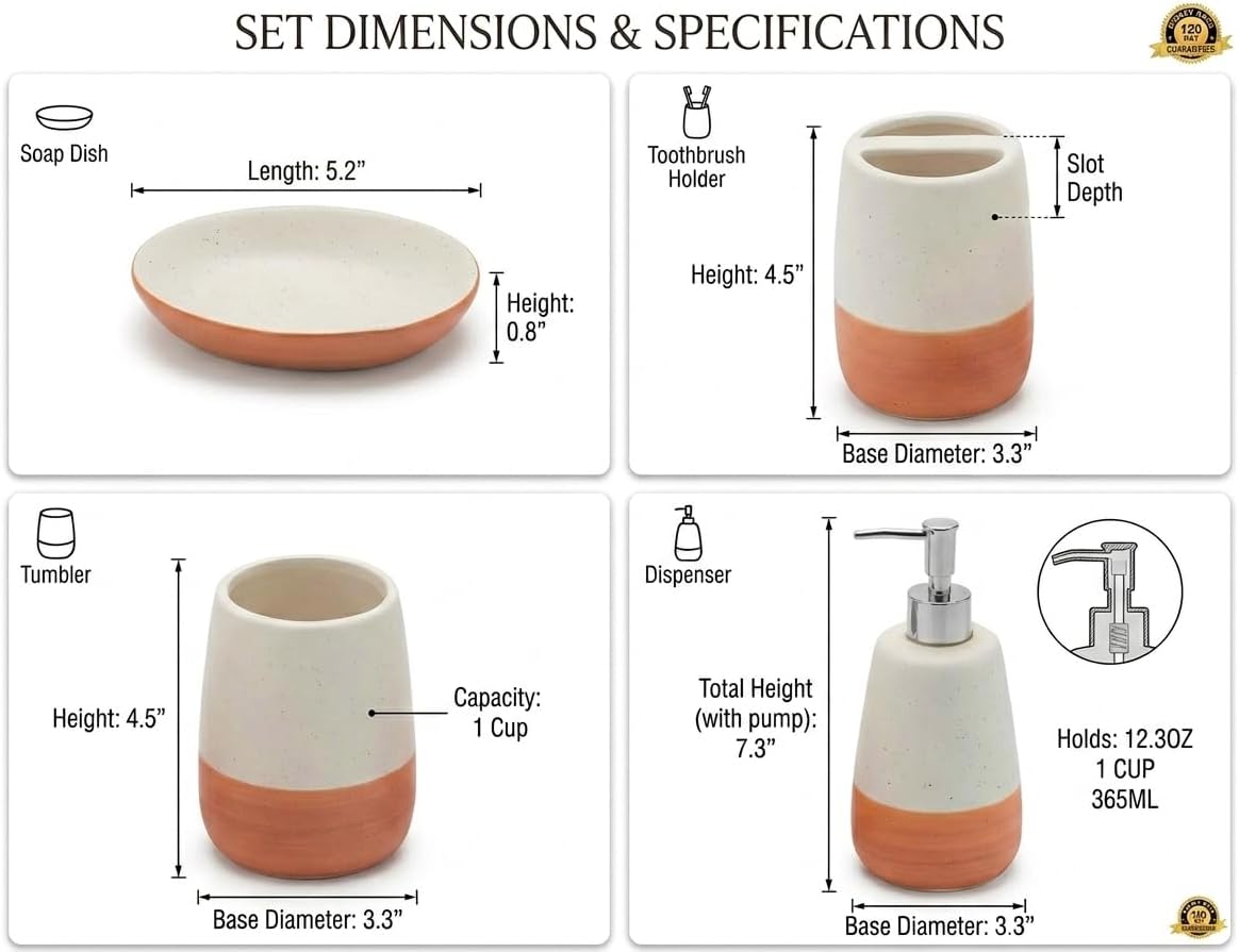 4 Piece Ceramic Bathroom Accessories Set, Soap Dispenser, Toothbrush Holder, Tumbler and Soap Dish, Speckled White & Terracotta Bathroom Counter Set, Modern Boho Farmhouse Decor 2. Product Description