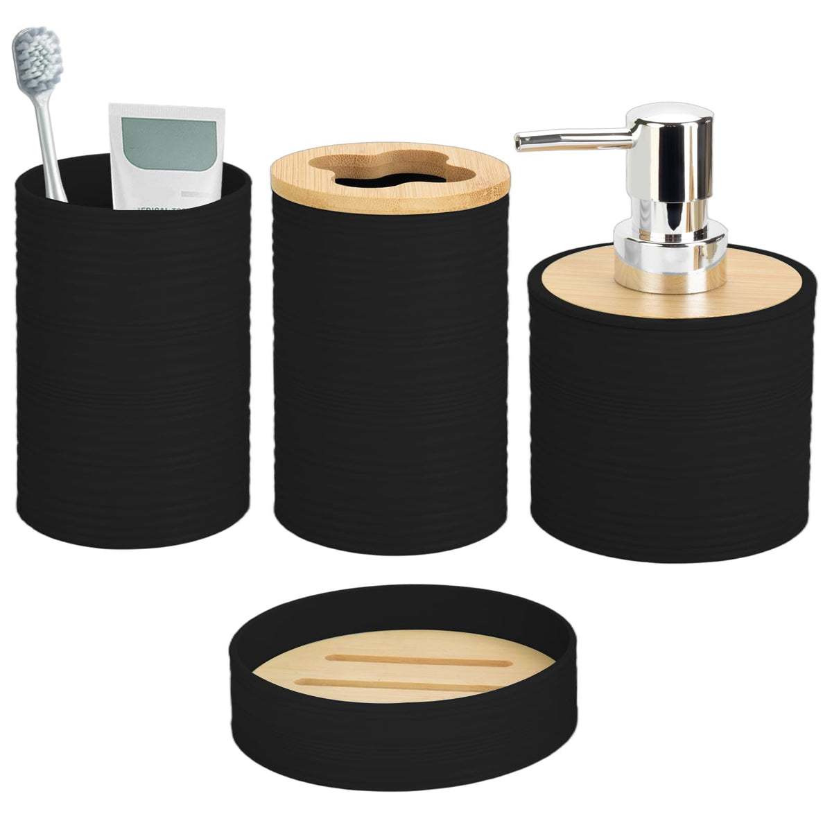 RRM 4 Piece Bamboo Bathroom Accessories Set, Boho Bathroom Decor, White