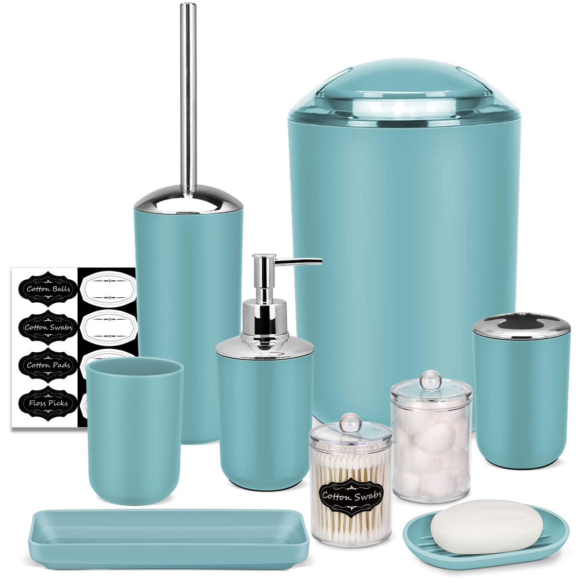IMAVO Bathroom Accessories Set,Green Bathroom Set,7 Pieces Bathroom Accessory Set,Tray,Toilet Brush,Trash Can for Bathroom Décor and Housewarming Gifts