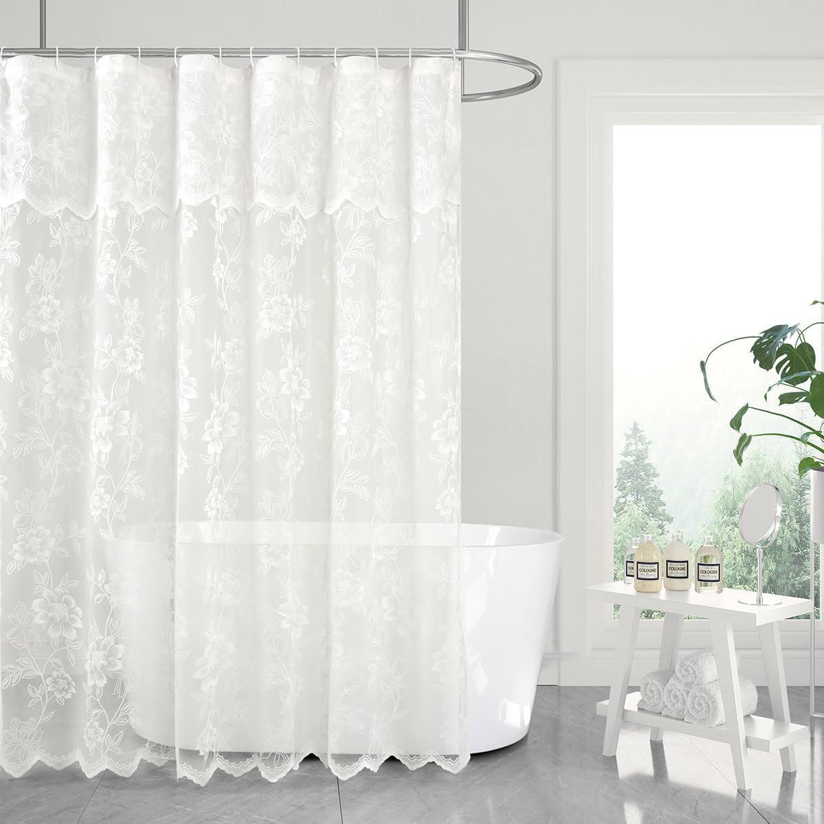 Ivory Lace Shower Curtain with Attached Valance, 72 x 72 Inch 1 Panel