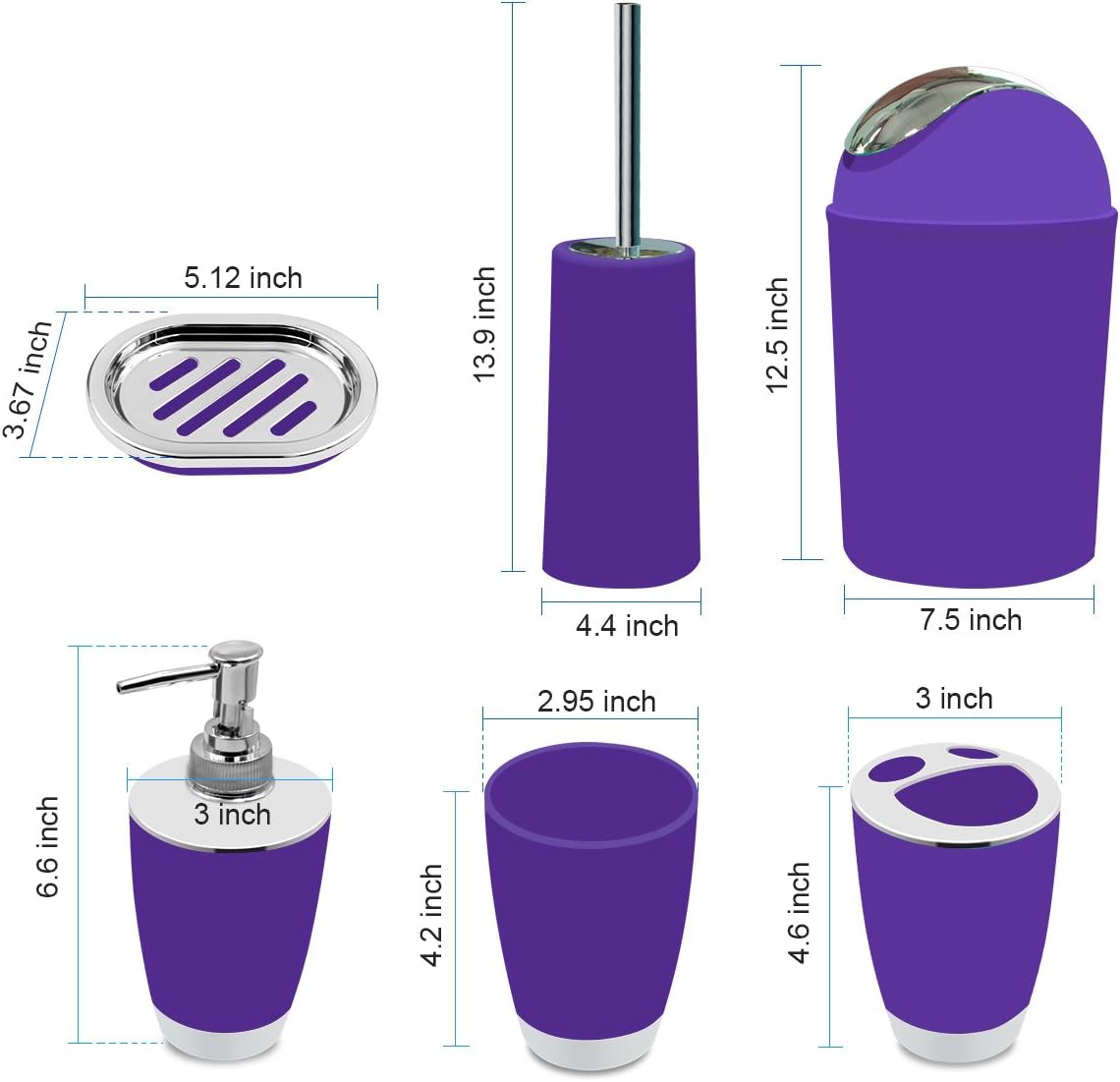 Bathroom Accessories Set, 6-Piece Plastic Gift Set, Toothbrush Holder, Toothbrush Cup, Soap Dispenser, Soap Dish, Toilet Brush Holder, Trash Can (Purple)